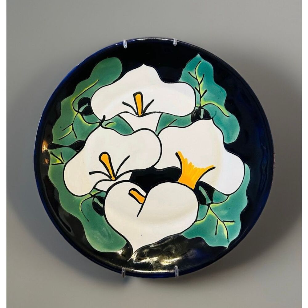 Studio Pottery Plate Dish Cobalt Blue White Calla Lily Talavera Mexico